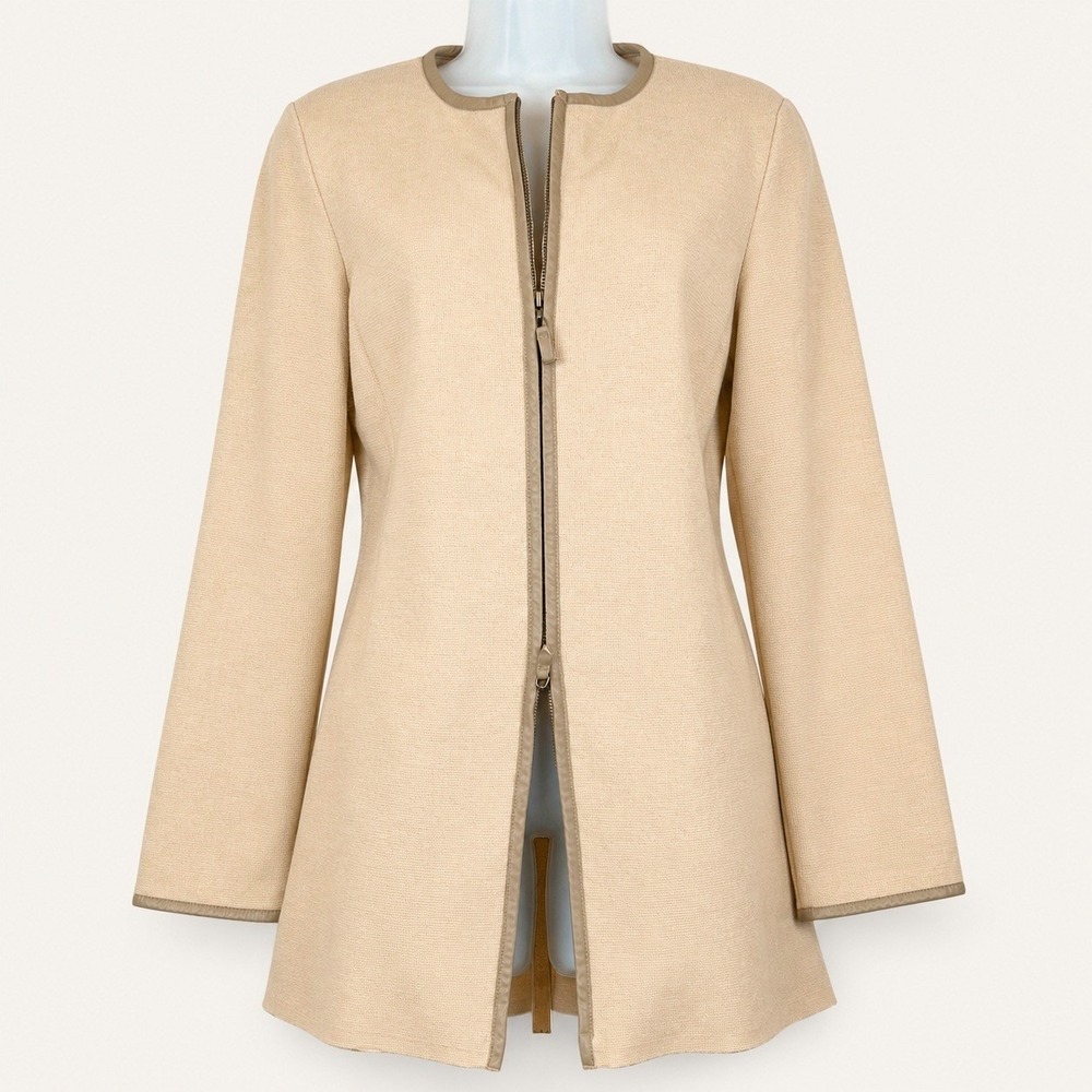 Sigrid Olsen Sweater Coat Women's 1X Tan Cotton Knit Leather Trim Longline Zip